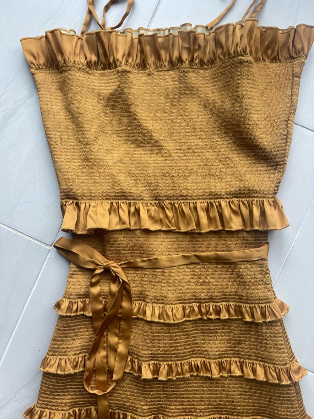 V. Chapman Lily Ruched & Ruffled Stretch Satin Midi Dress Mustard - Picture 8 of 9